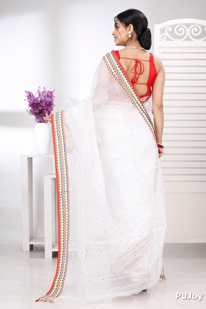 White Cotton Popkn Hand Loom Saree (1333)