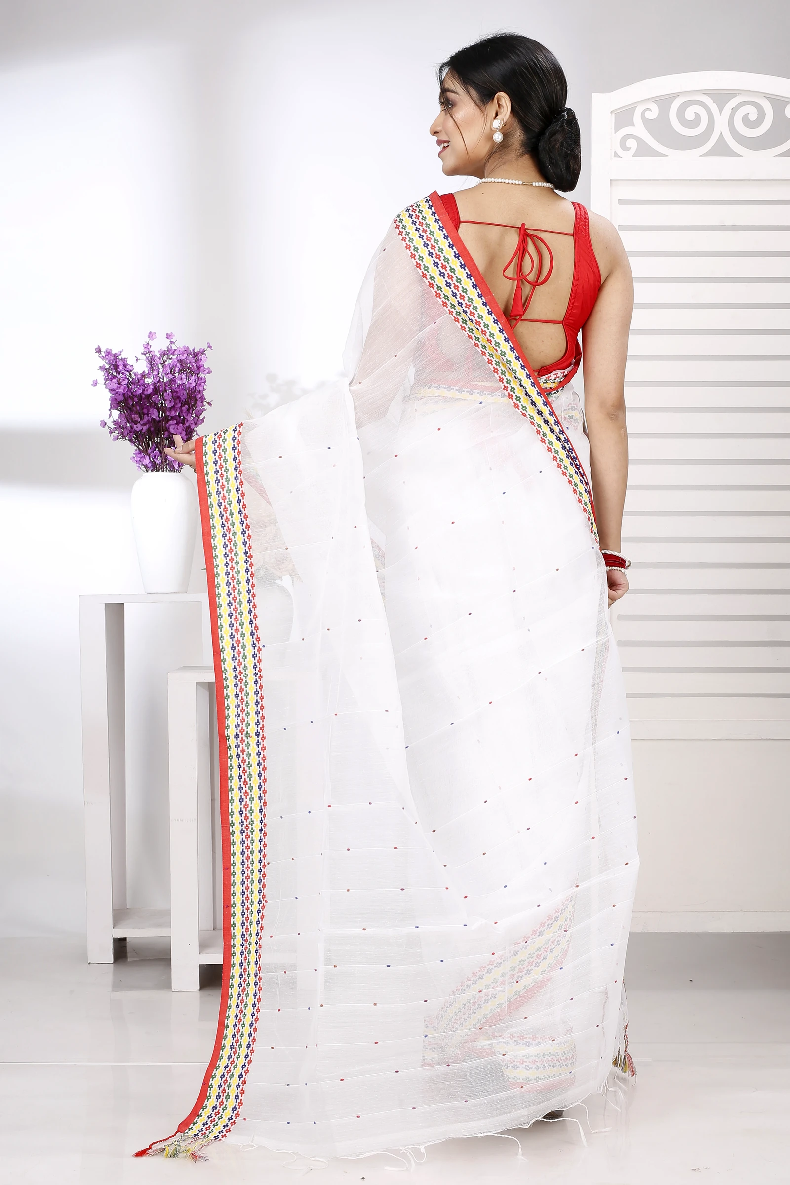White Cotton Popkn Hand Loom Saree (1333)