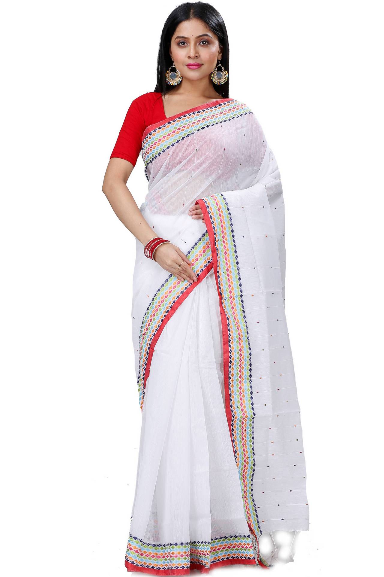 White Cotton Popkn Hand Loom Saree (1333)