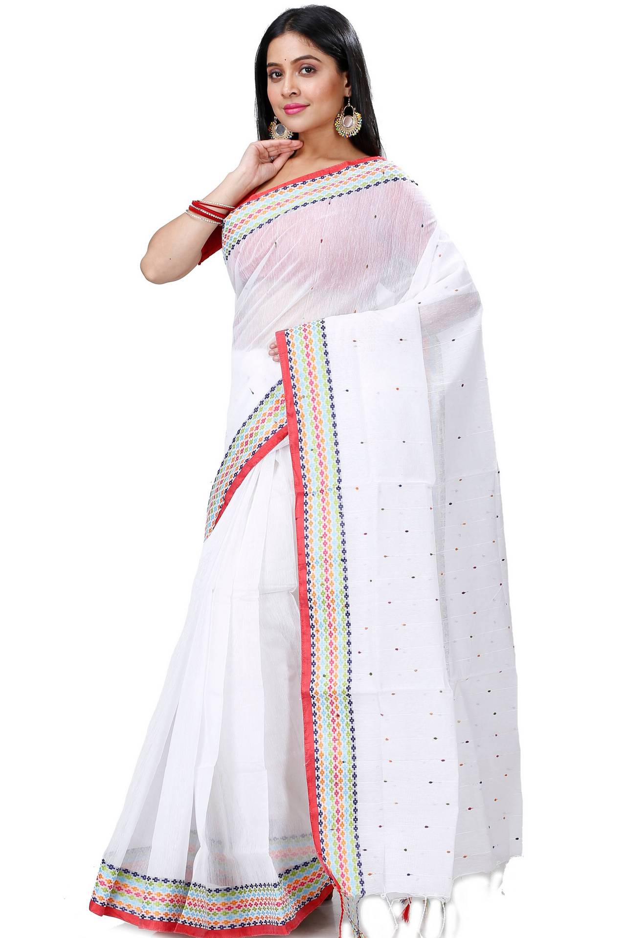 White Cotton Popkn Hand Loom Saree (1333)
