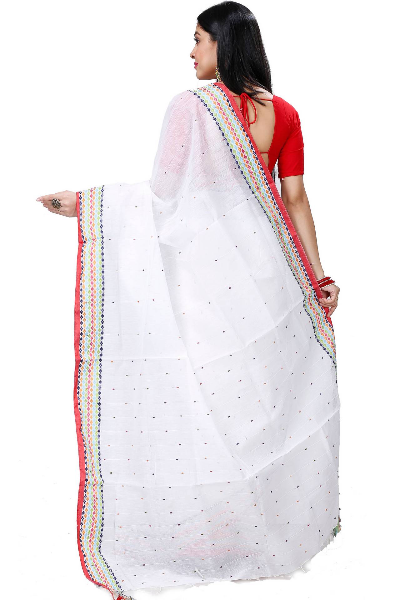 White Cotton Popkn Hand Loom Saree (1333)