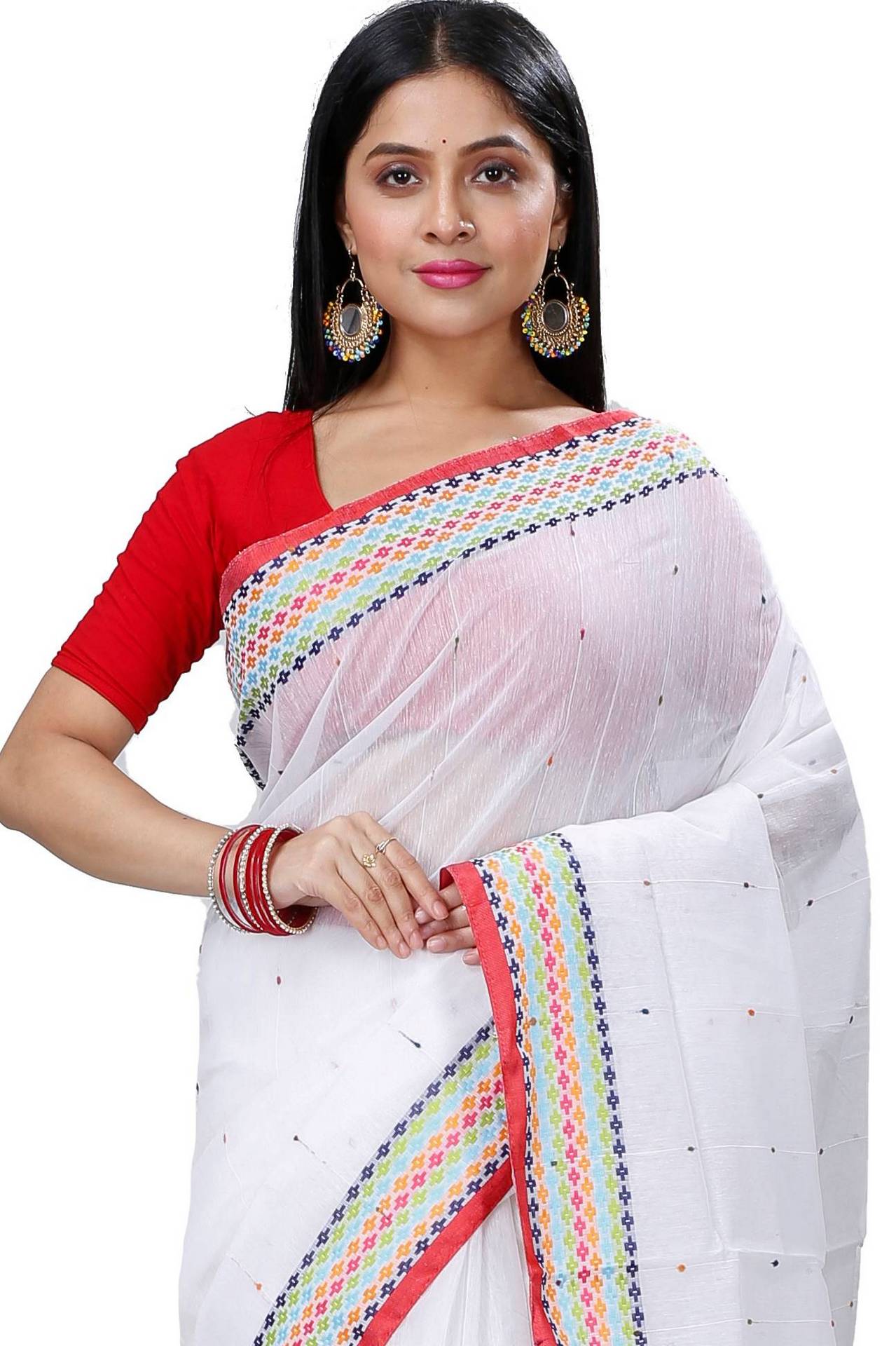 White Cotton Popkn Hand Loom Saree (1333)