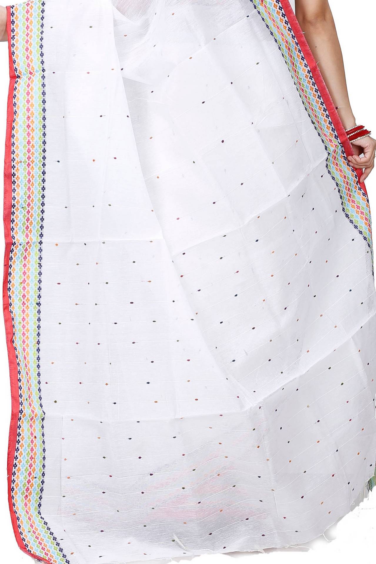 White Cotton Popkn Hand Loom Saree (1333)
