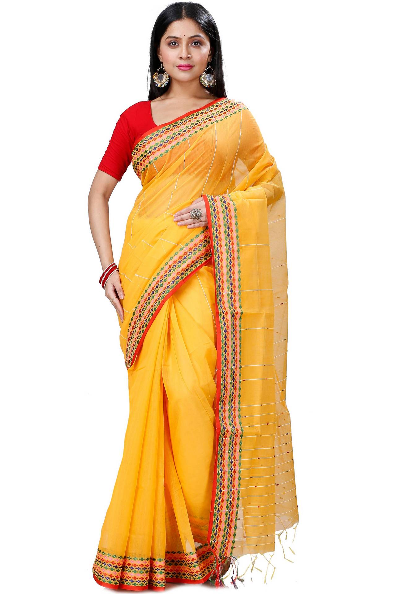 Yellow Cotton Popkn Hand Loom Saree (1334)