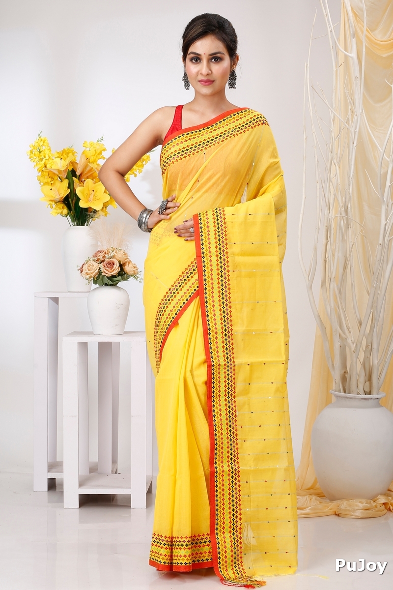 Yellow Cotton Popkn Hand Loom Saree (1334)
