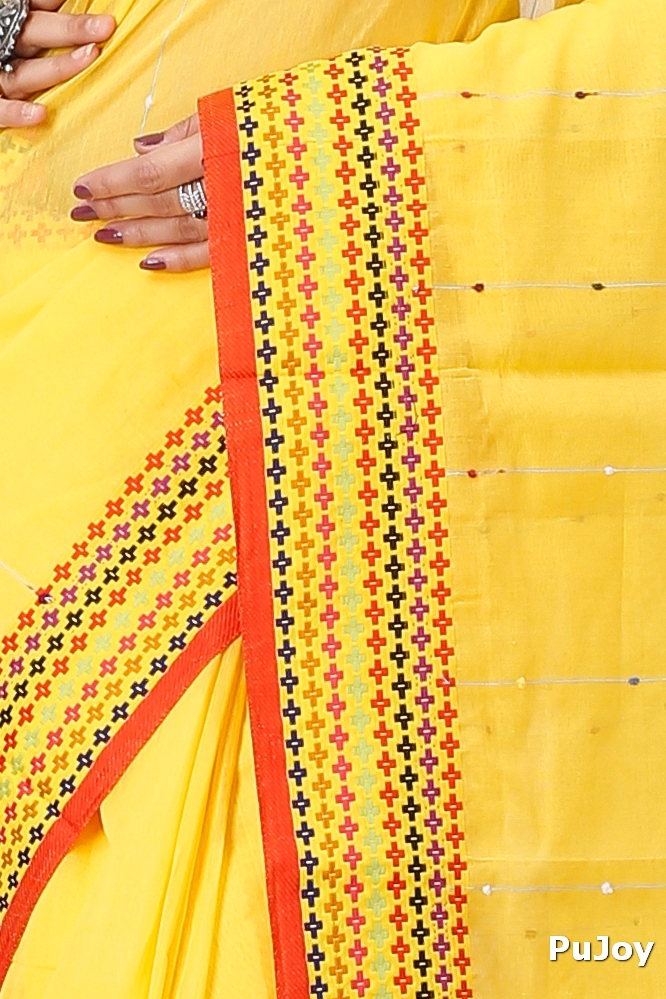 Yellow Cotton Popkn Hand Loom Saree (1334)