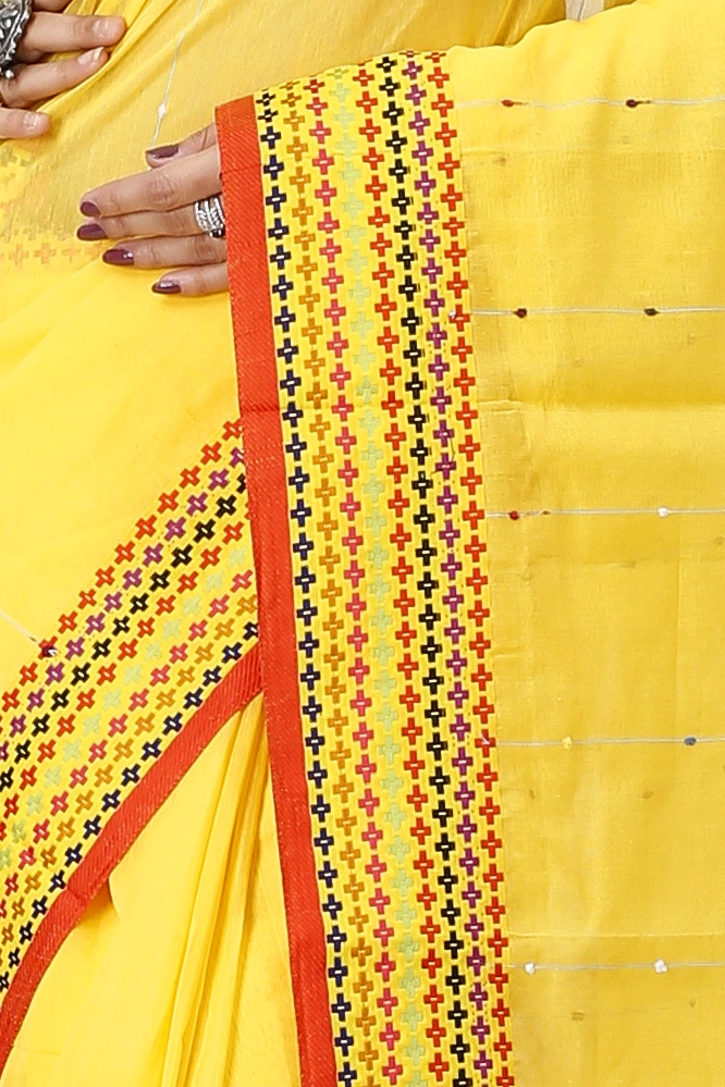 Yellow Cotton Popkn Hand Loom Saree (1334)