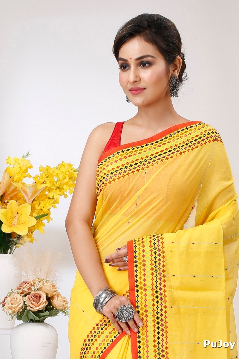 Yellow Cotton Popkn Hand Loom Saree (1334)