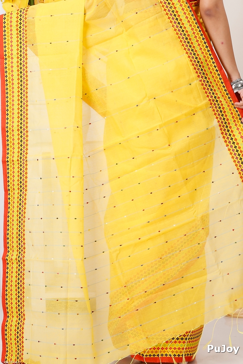 Yellow Cotton Popkn Hand Loom Saree (1334)