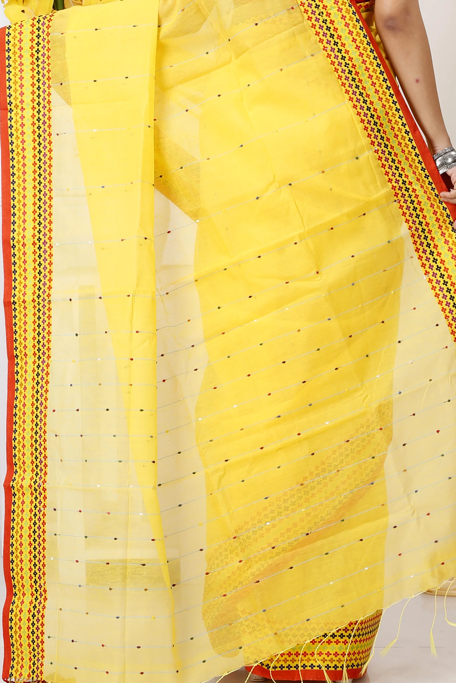 Yellow Cotton Popkn Hand Loom Saree (1334)