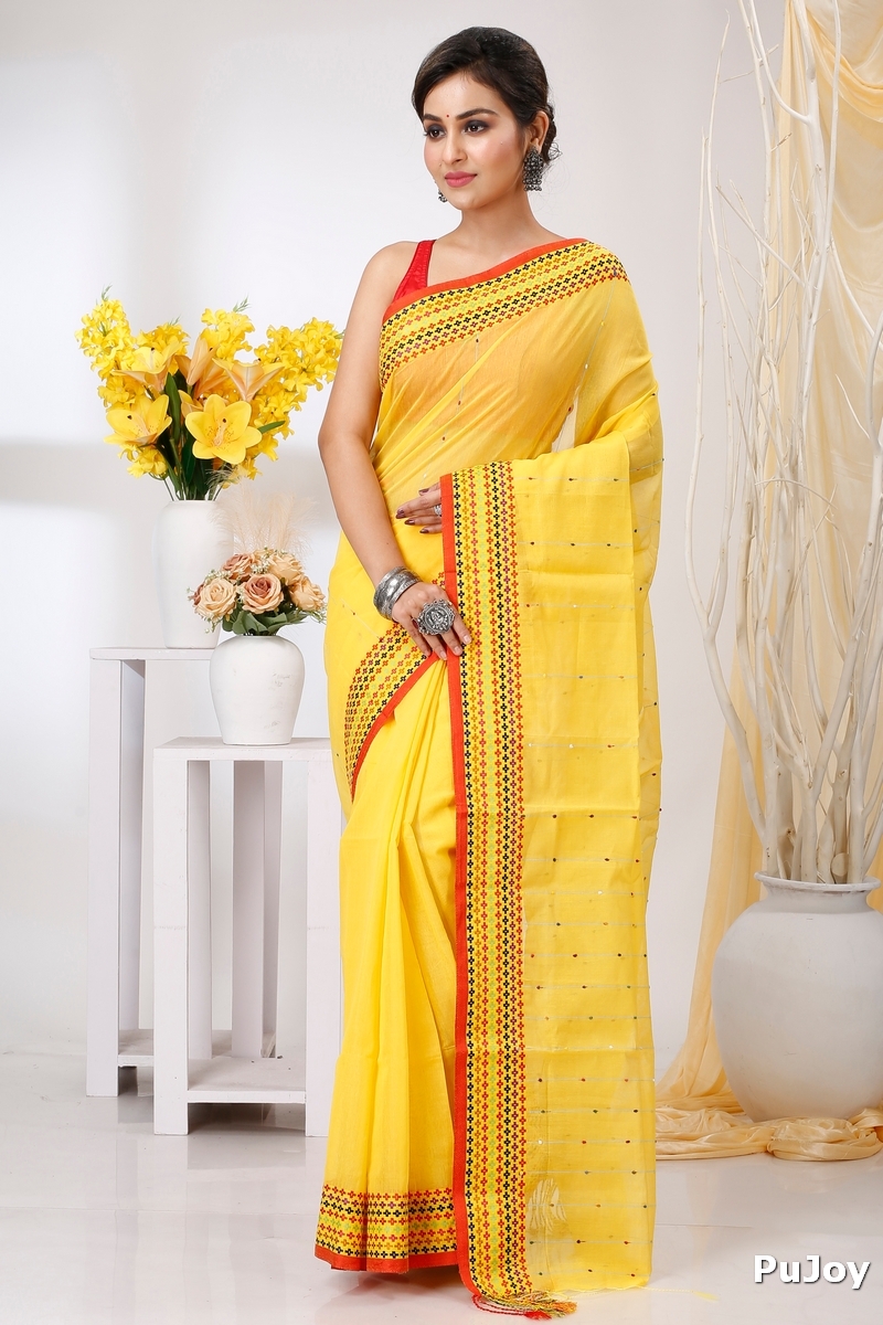 Yellow Cotton Popkn Hand Loom Saree (1334)