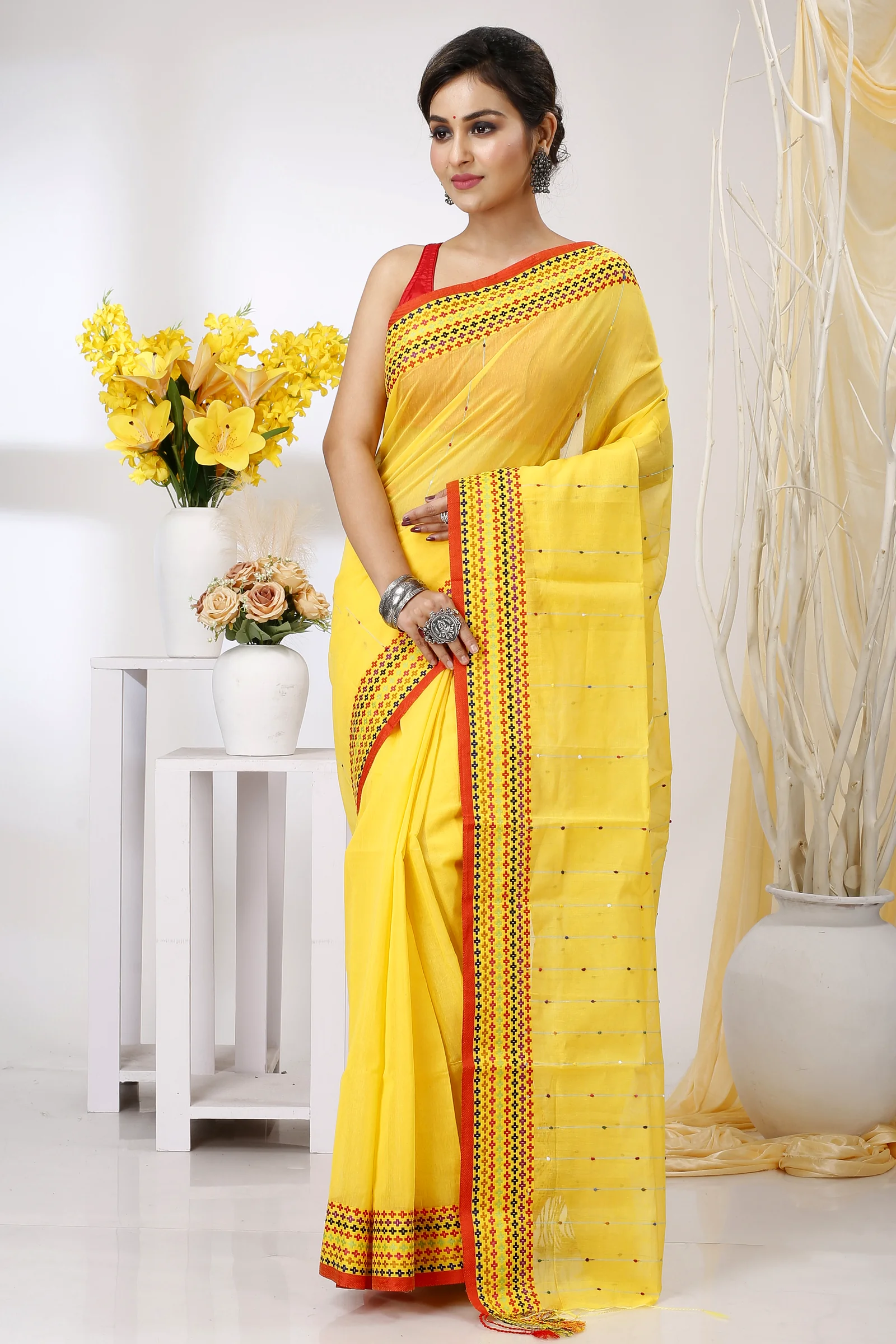 Yellow Cotton Popkn Hand Loom Saree (1334)