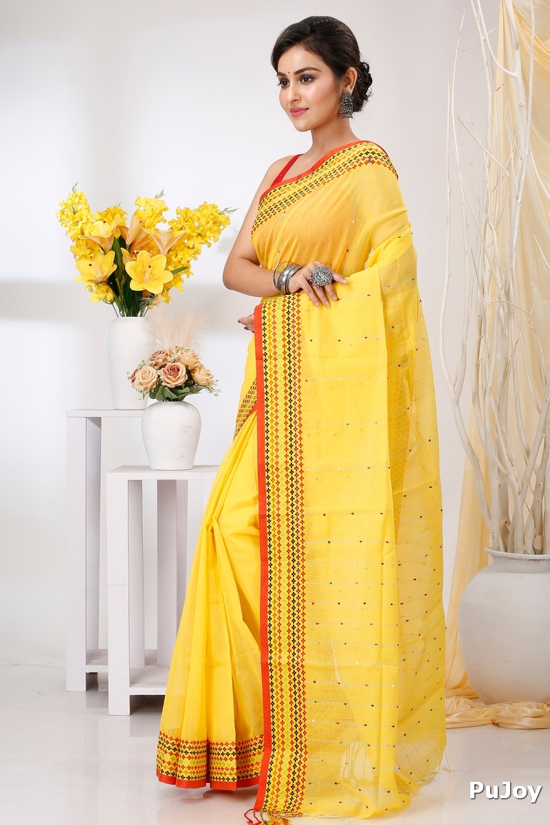 Yellow Cotton Popkn Hand Loom Saree (1334)