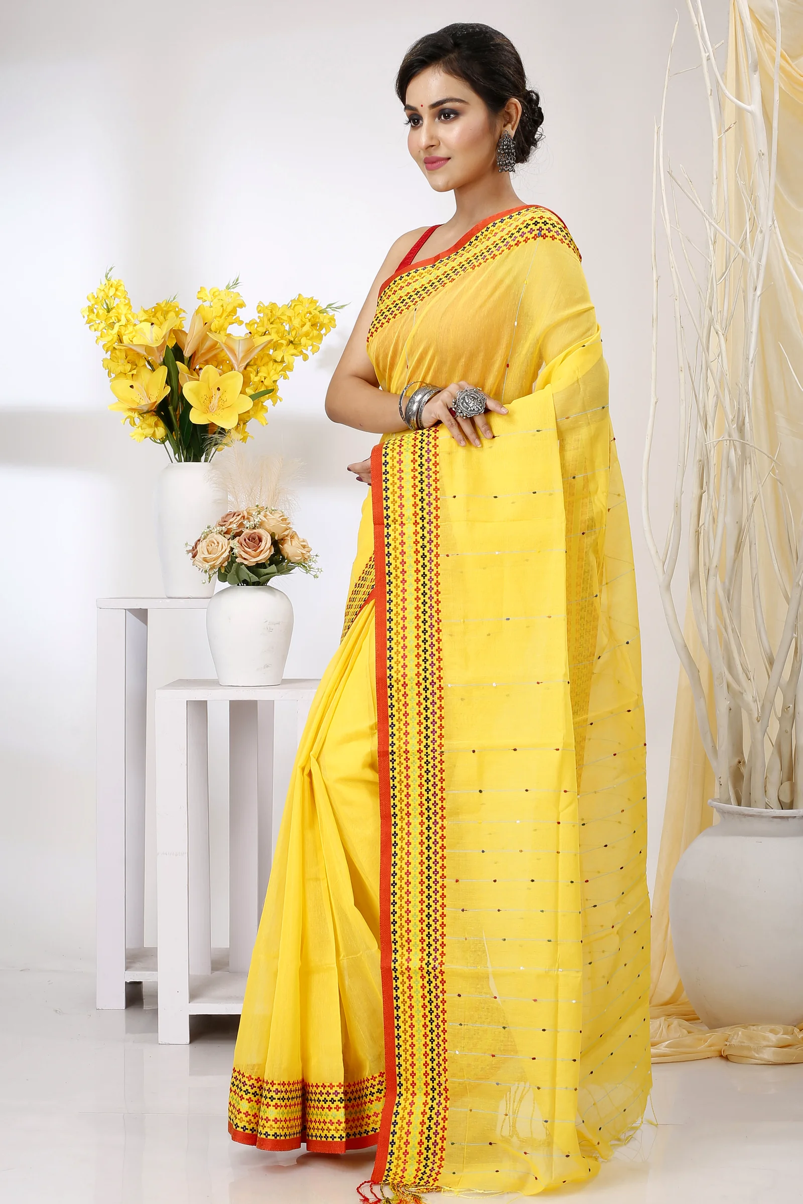 Yellow Cotton Popkn Hand Loom Saree (1334)