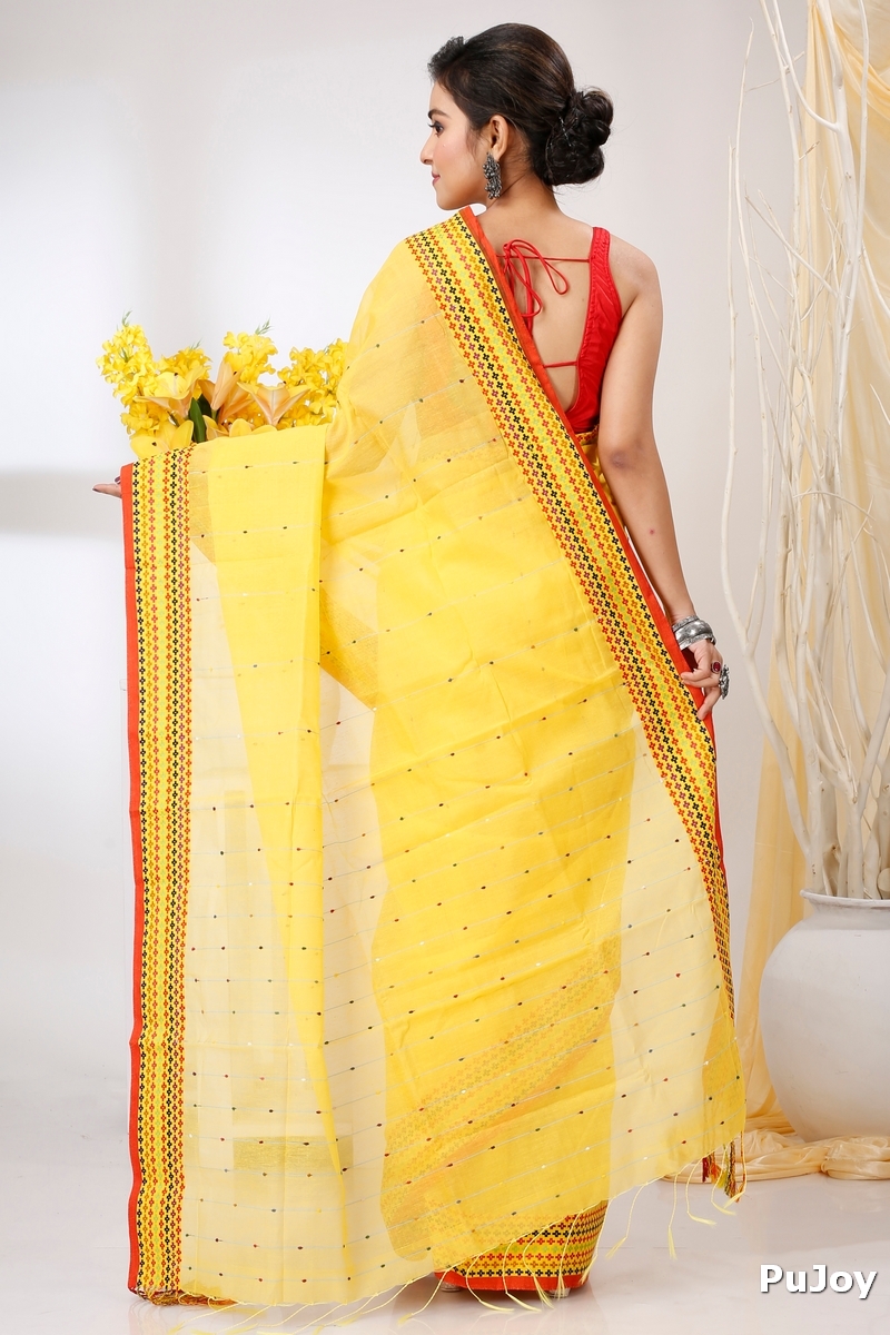 Yellow Cotton Popkn Hand Loom Saree (1334)