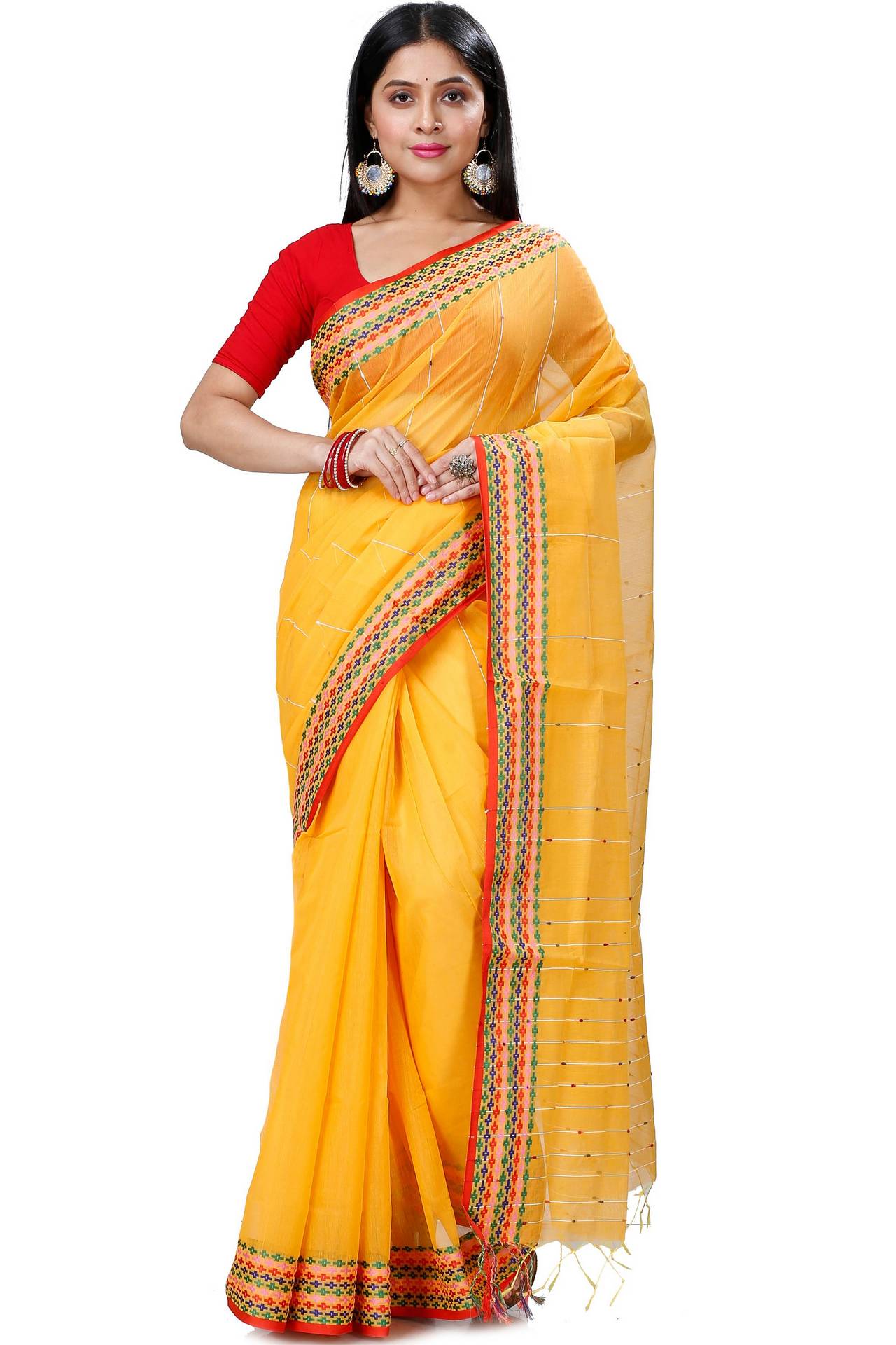 Yellow Cotton Popkn Hand Loom Saree (1334)