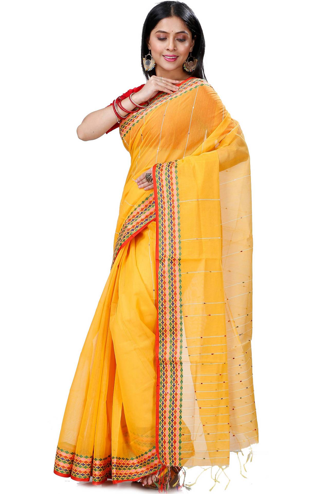 Yellow Cotton Popkn Hand Loom Saree (1334)