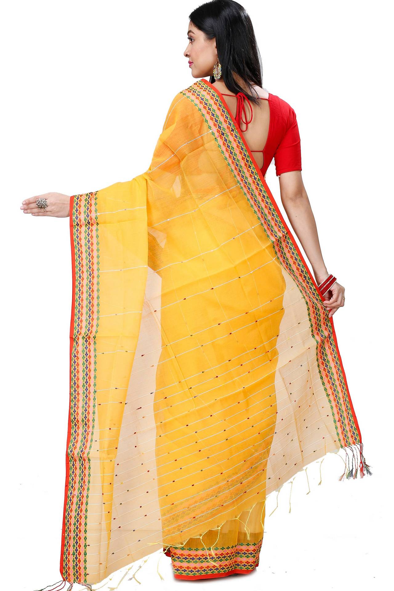 Yellow Cotton Popkn Hand Loom Saree (1334)