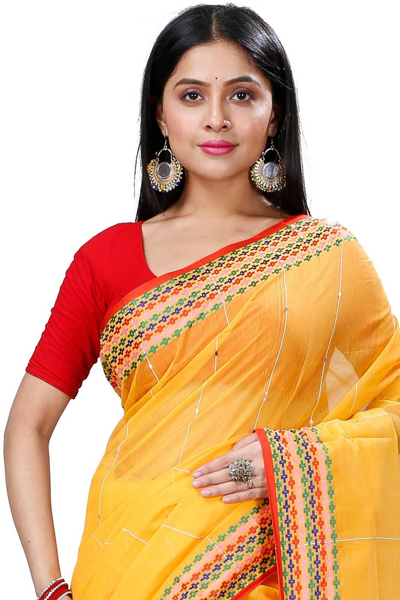 Yellow Cotton Popkn Hand Loom Saree (1334)