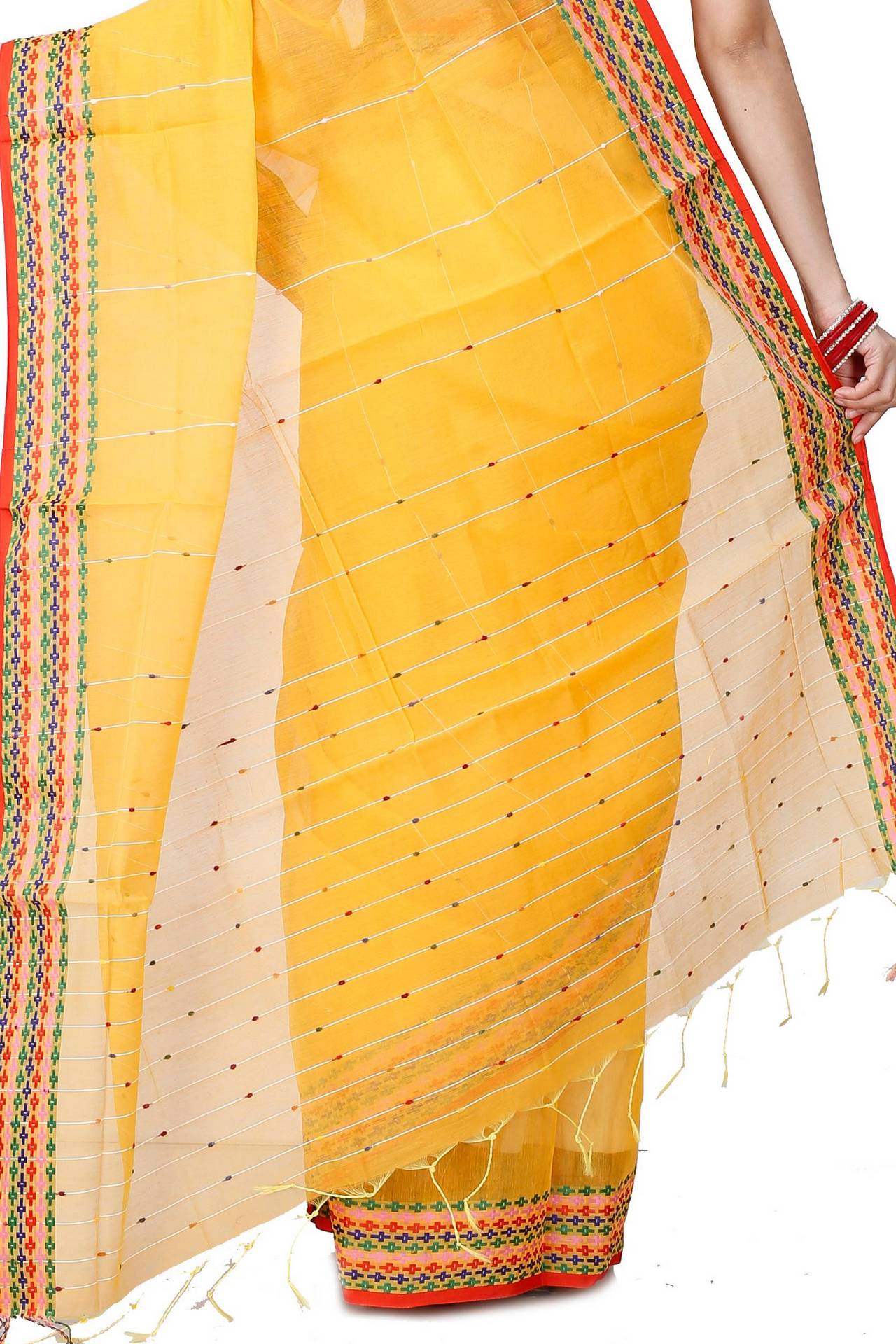 Yellow Cotton Popkn Hand Loom Saree (1334)