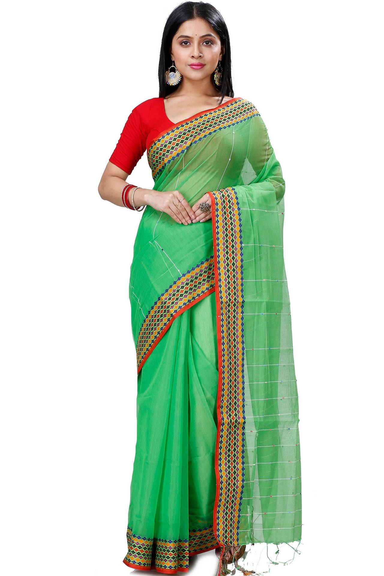 Green Cotton Popkn Hand Loom Saree (1335)