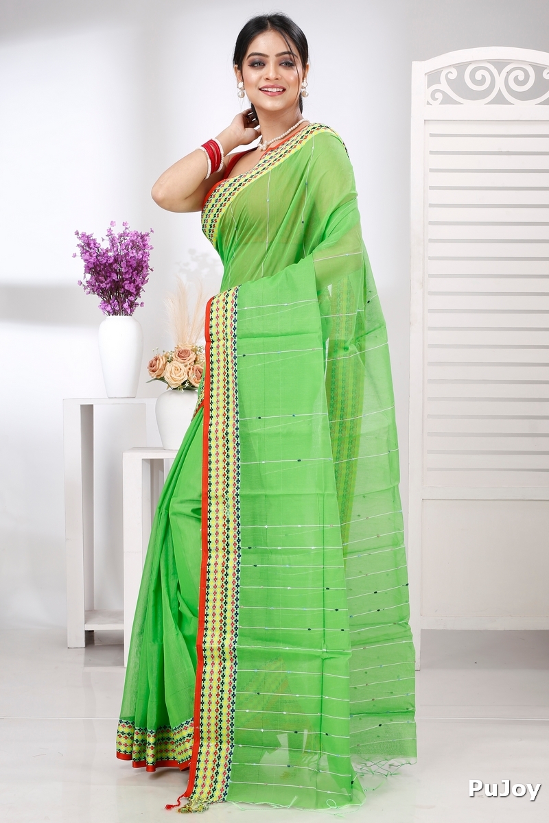 Green Cotton Popkn Hand Loom Saree (1335)