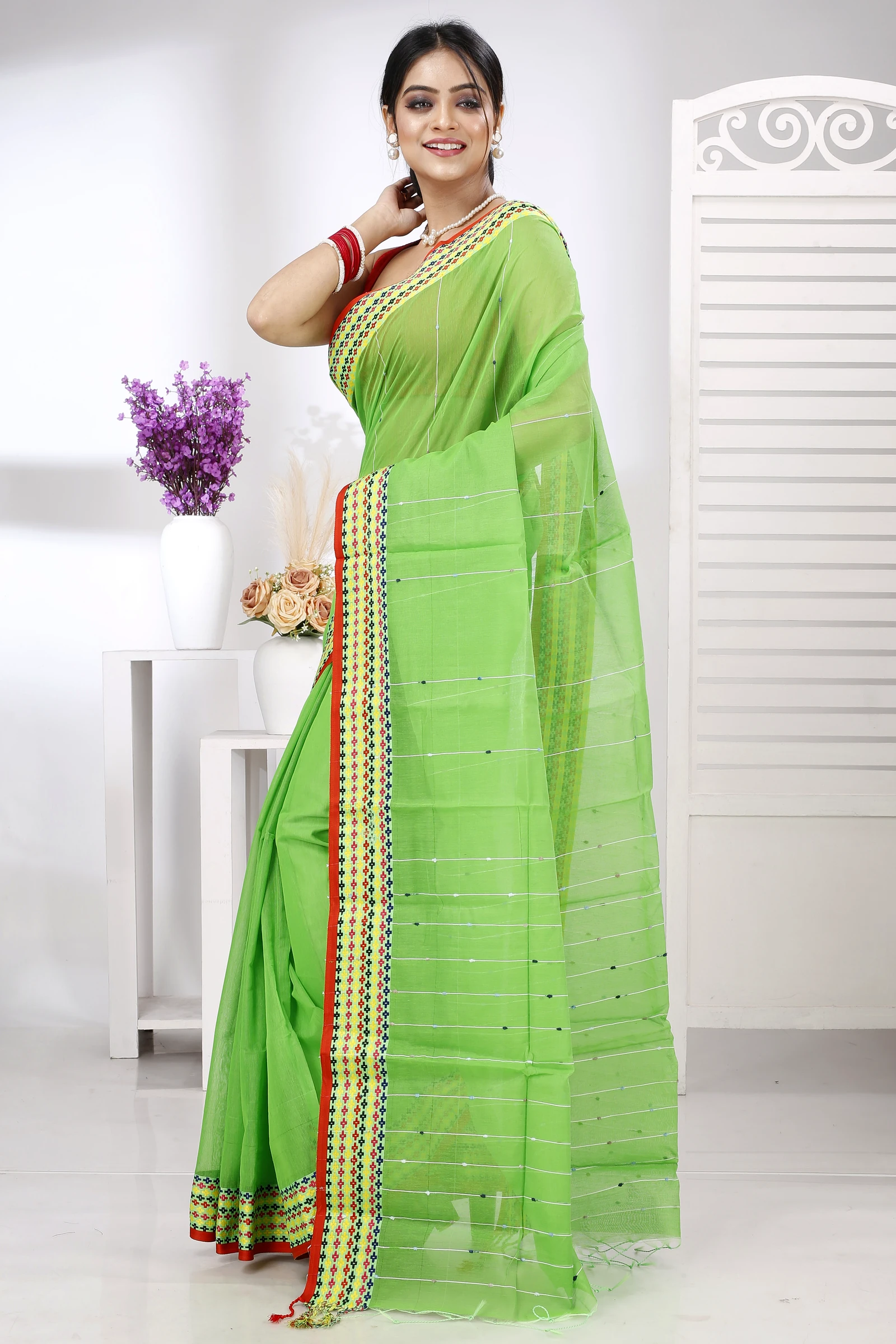 Green Cotton Popkn Hand Loom Saree (1335)