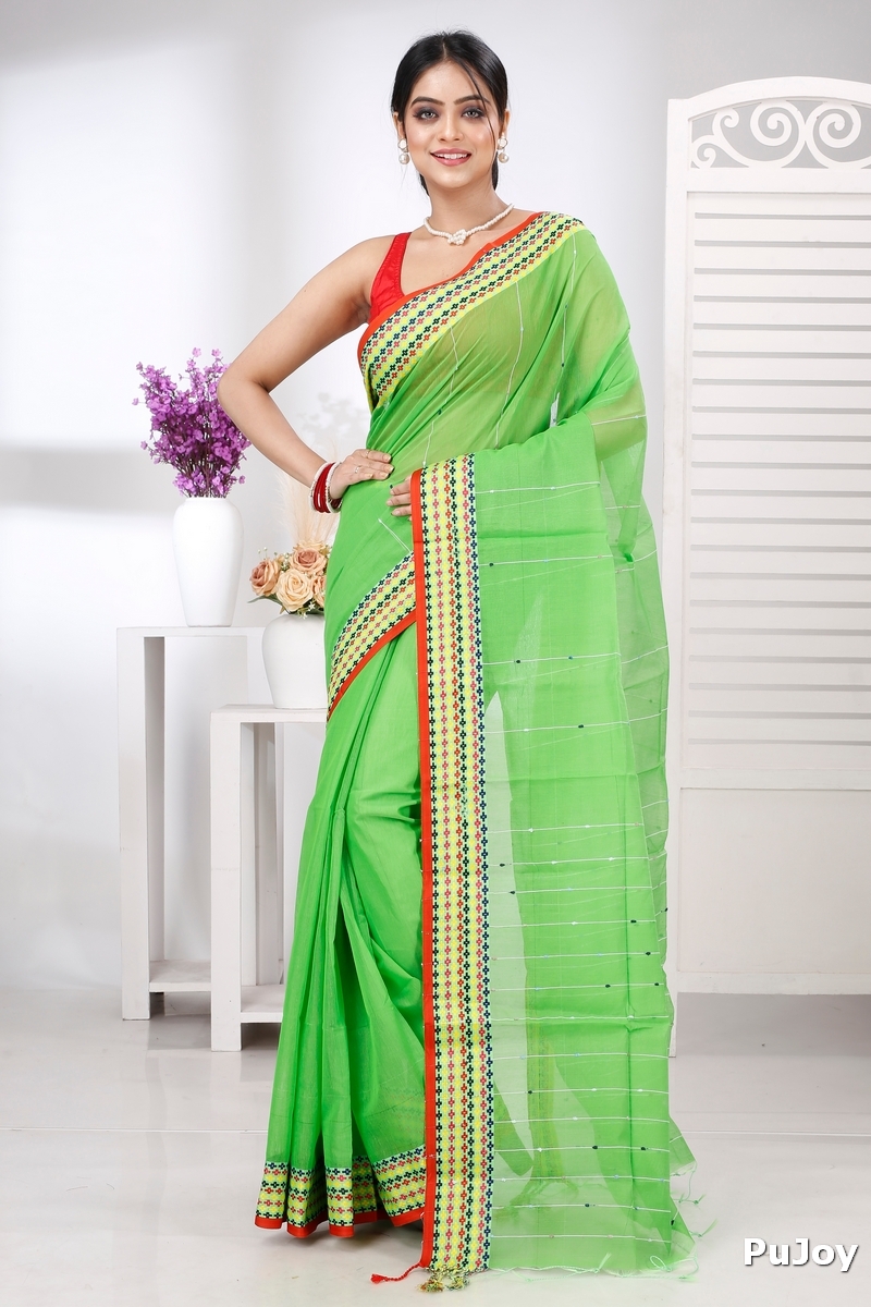 Green Cotton Popkn Hand Loom Saree (1335)