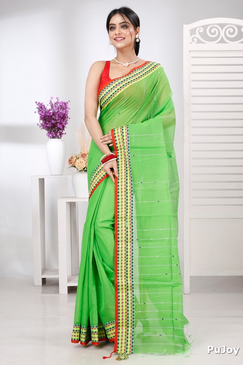 Green Cotton Popkn Hand Loom Saree (1335)