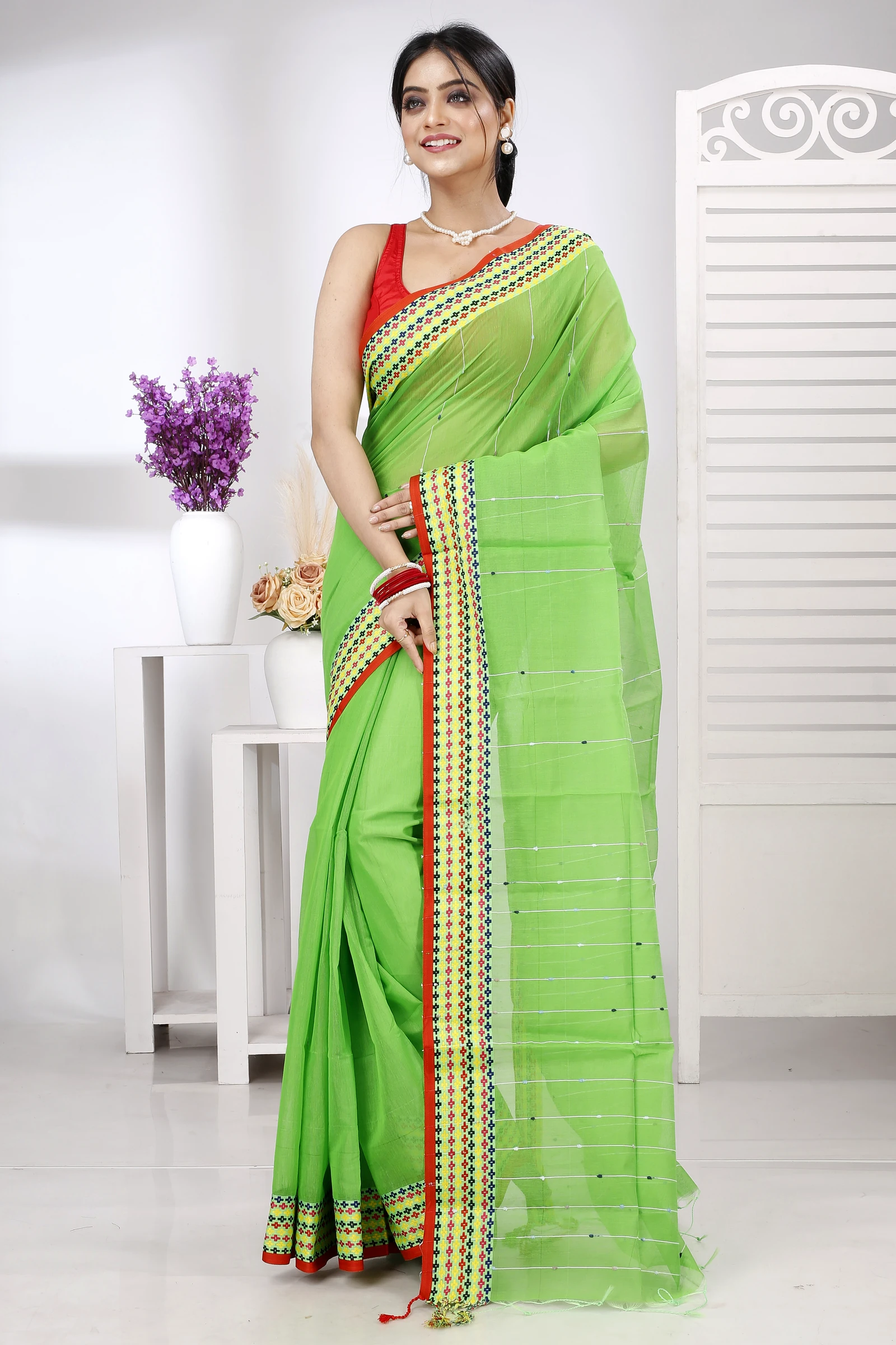 Green Cotton Popkn Hand Loom Saree (1335)