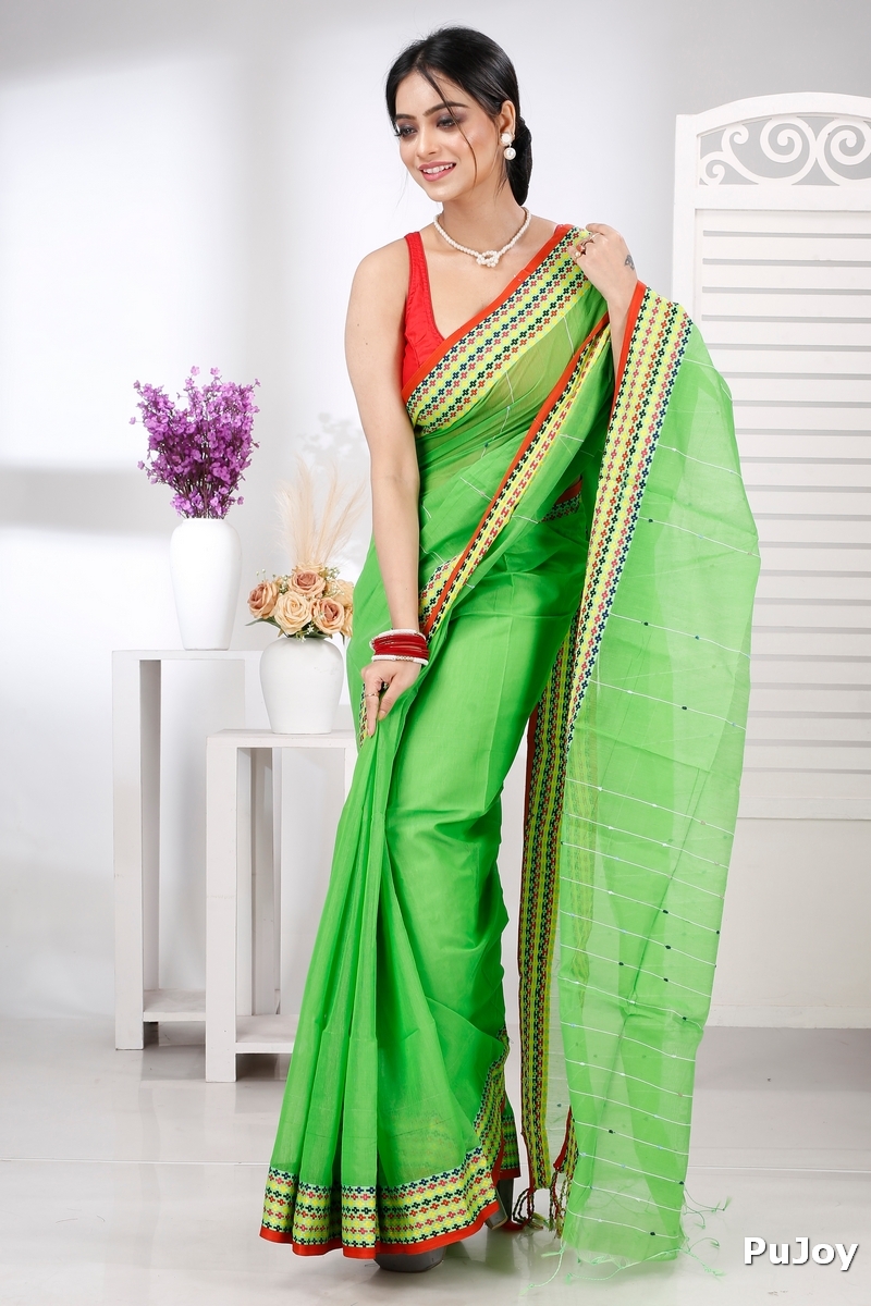 Green Cotton Popkn Hand Loom Saree (1335)