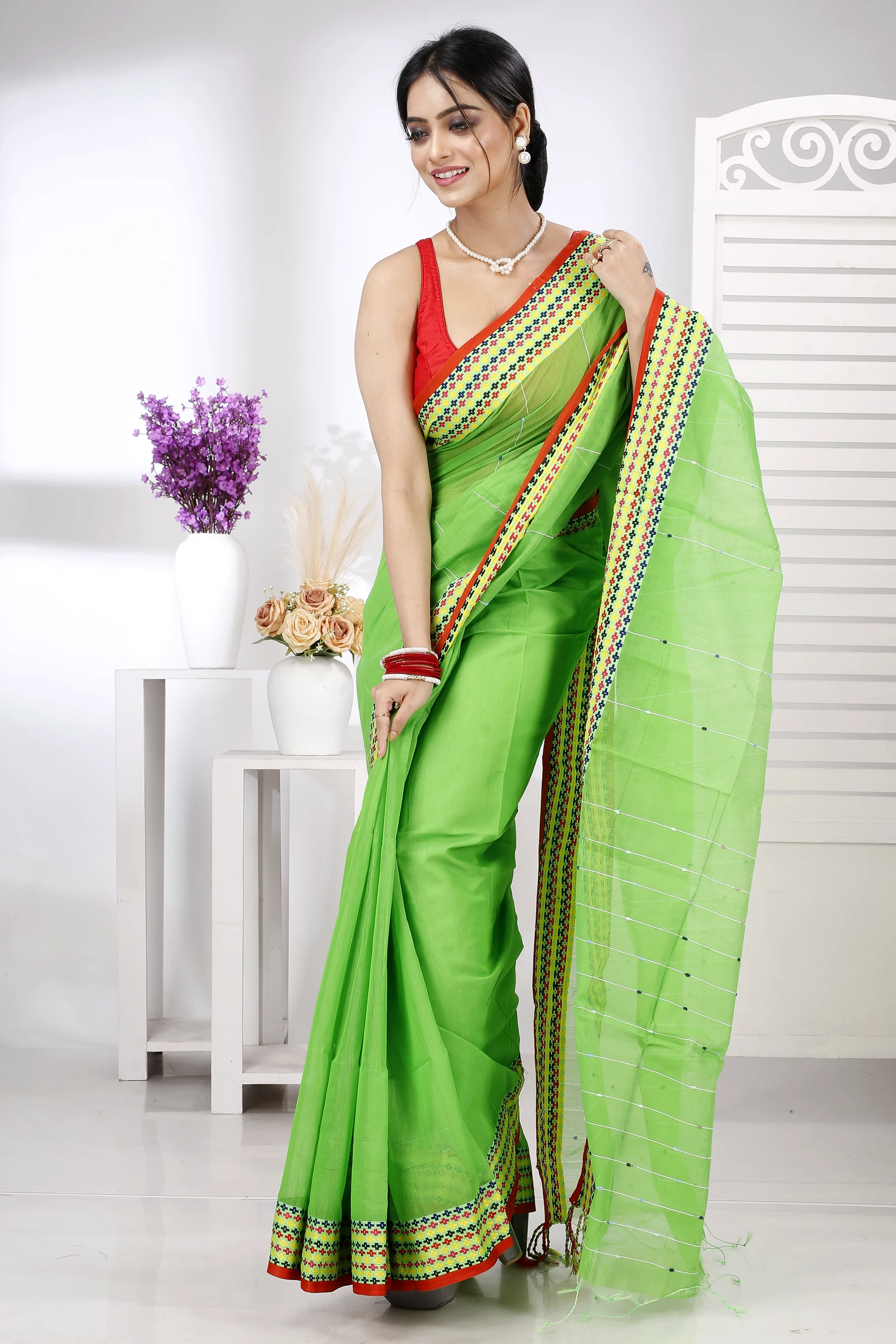 Green Cotton Popkn Hand Loom Saree (1335)