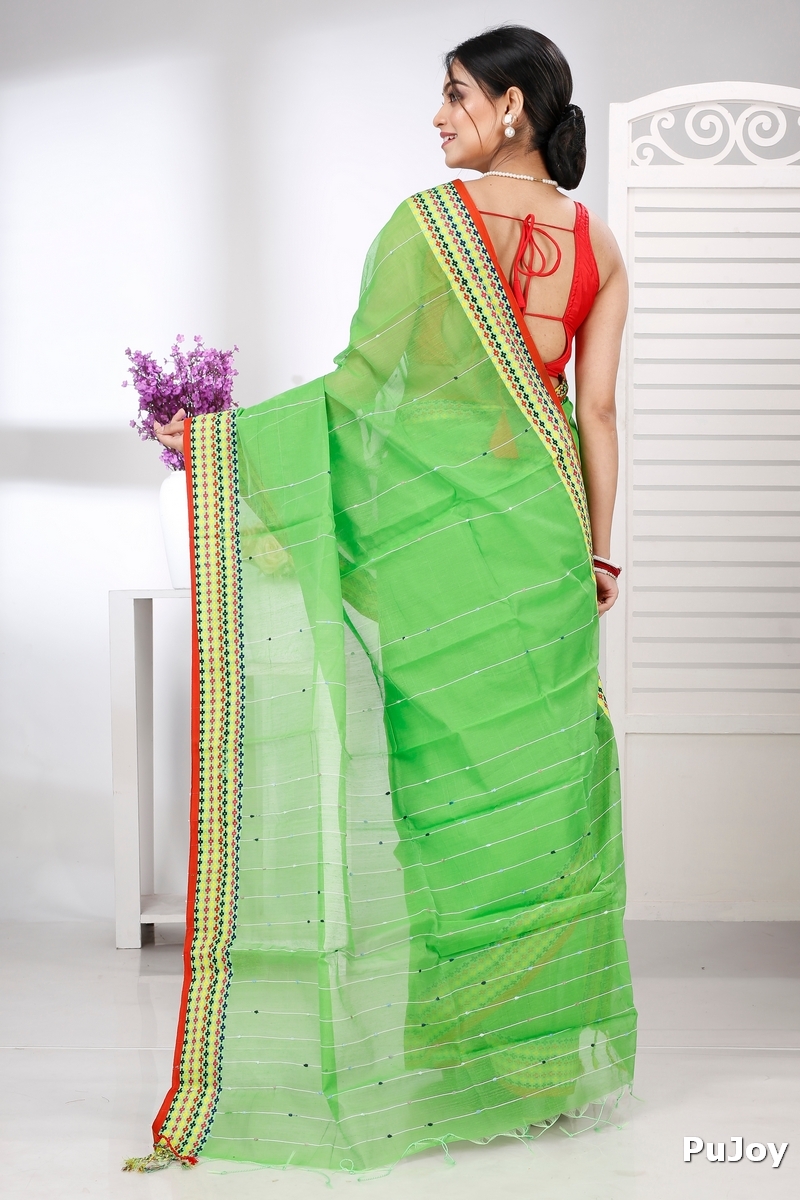 Green Cotton Popkn Hand Loom Saree (1335)