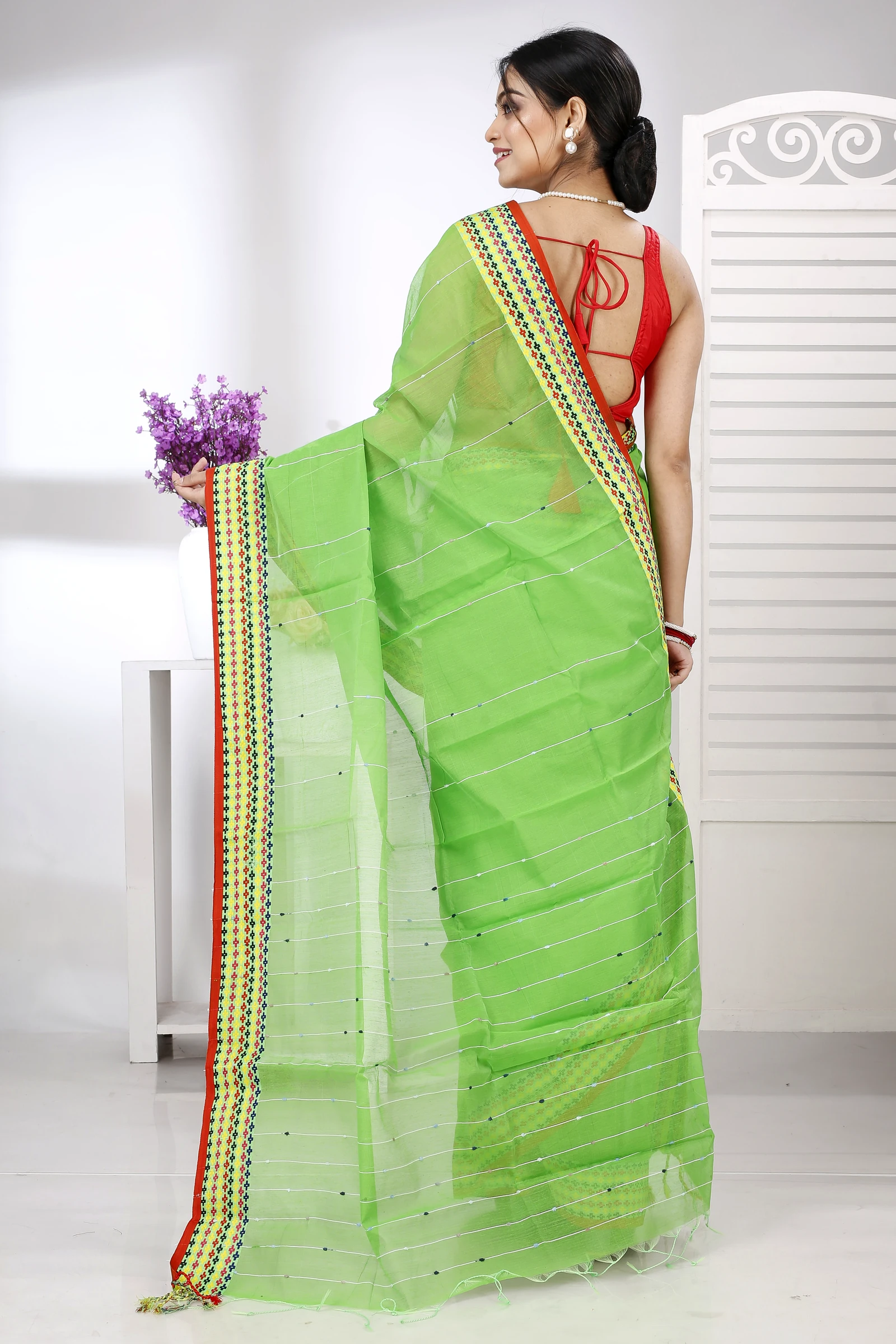 Green Cotton Popkn Hand Loom Saree (1335)