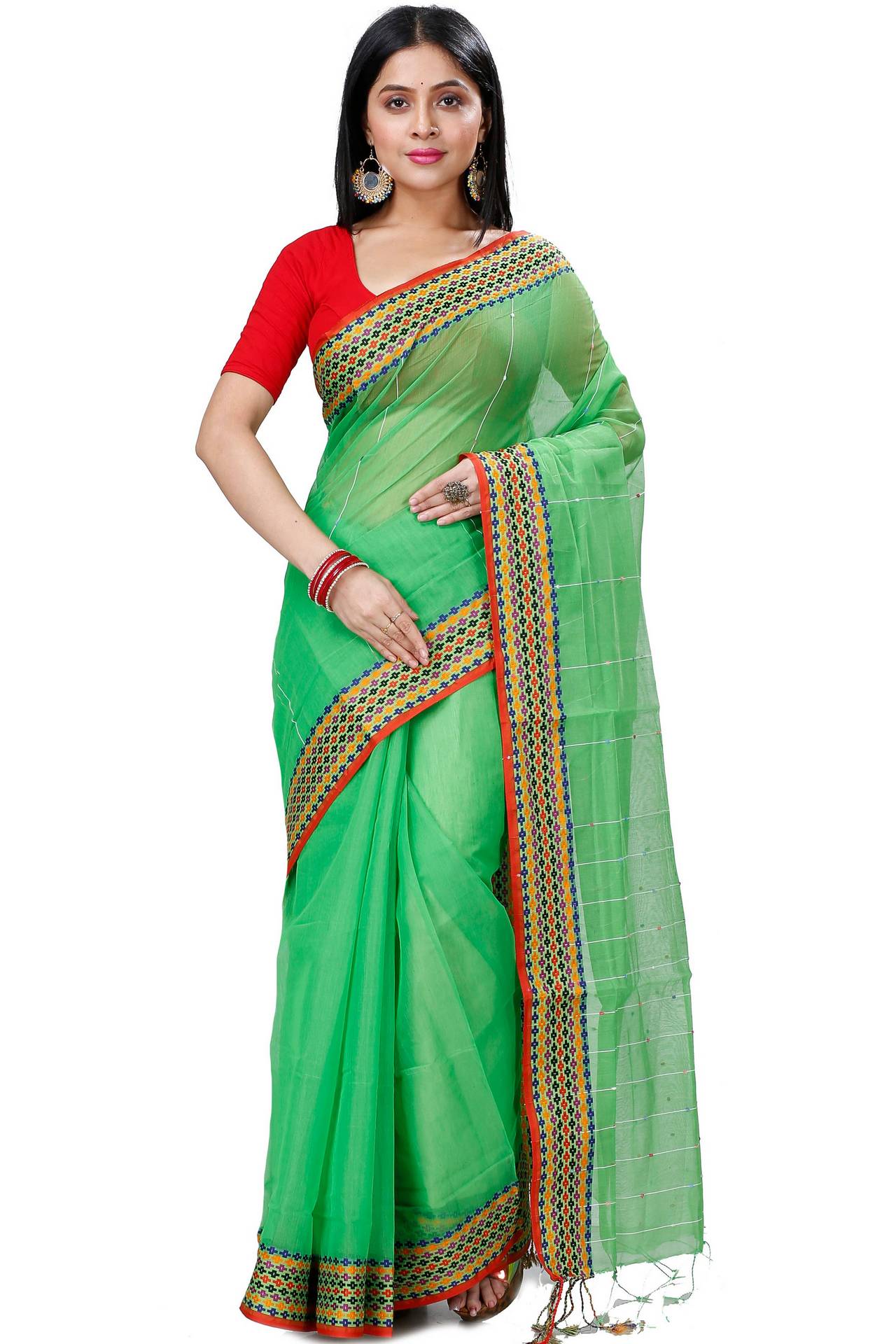 Green Cotton Popkn Hand Loom Saree (1335)