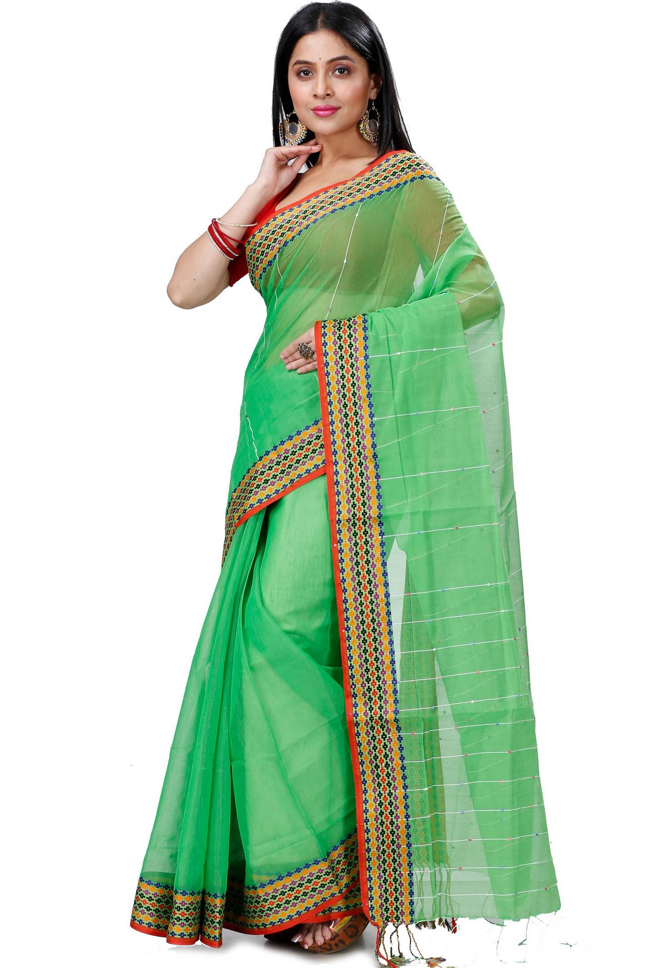 Green Cotton Popkn Hand Loom Saree (1335)
