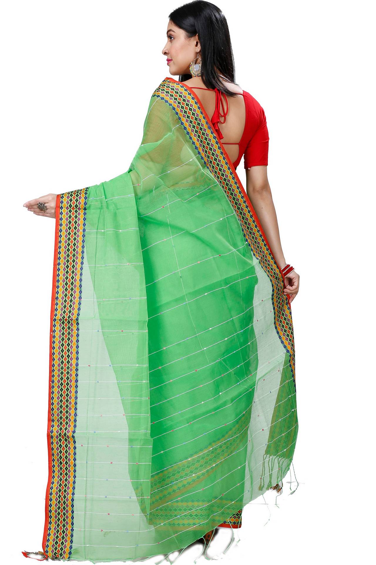 Green Cotton Popkn Hand Loom Saree (1335)