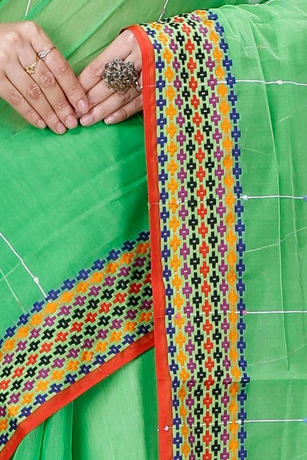 Green Cotton Popkn Hand Loom Saree (1335)