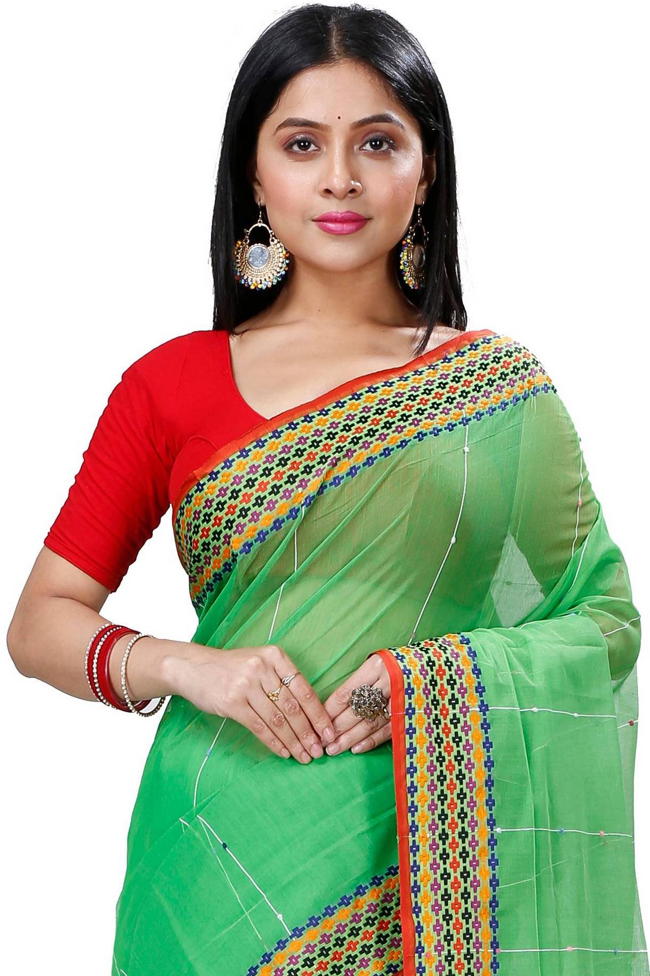 Green Cotton Popkn Hand Loom Saree (1335)
