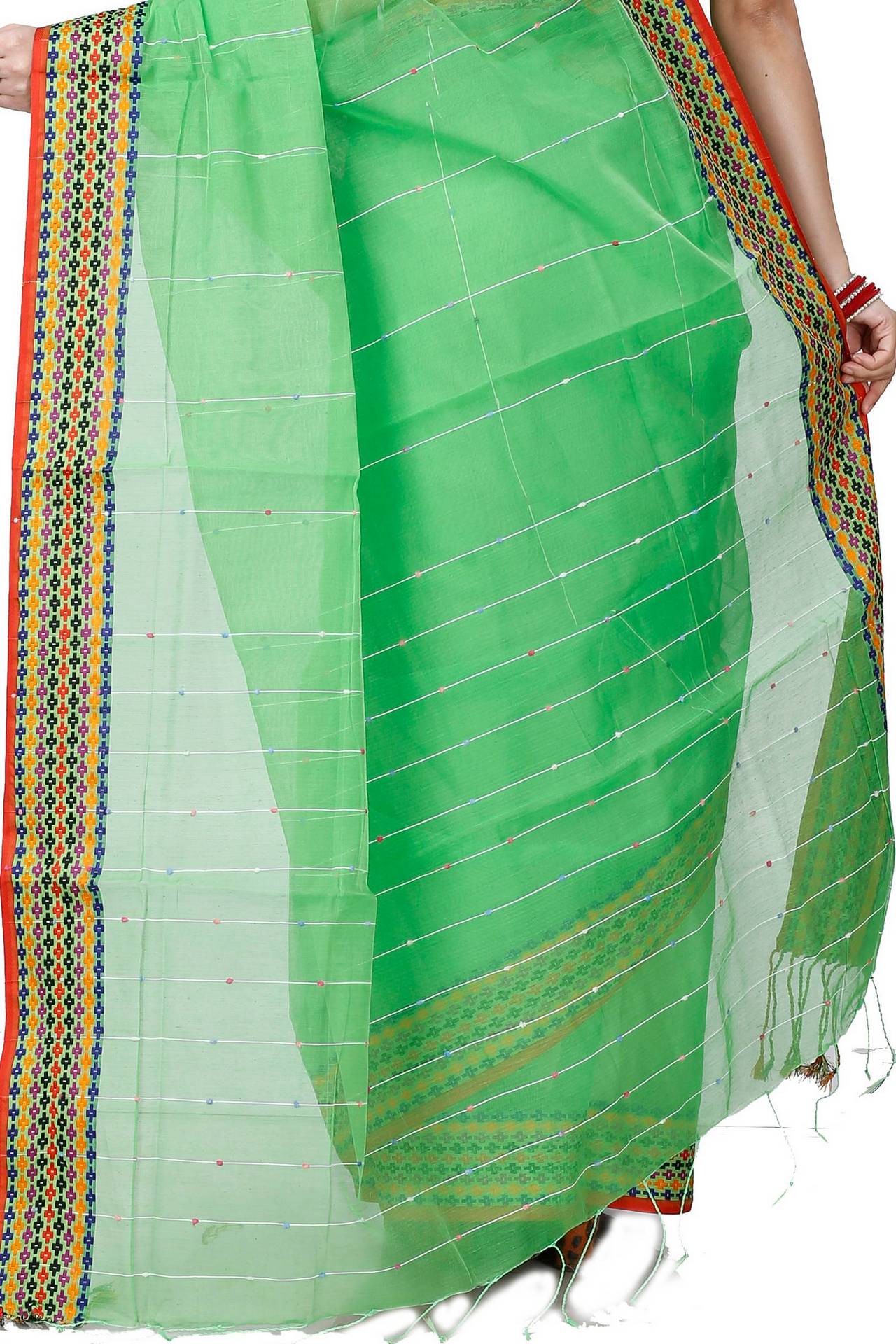 Green Cotton Popkn Hand Loom Saree (1335)