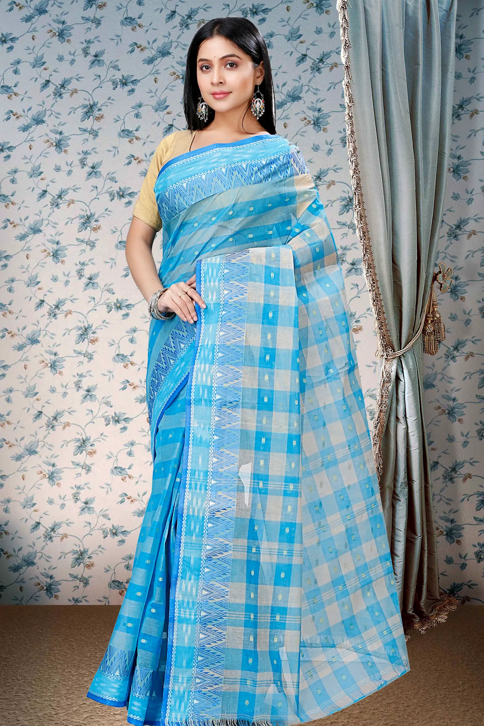 Sky Blue Pure Cotton Niladdri Tant Saree (1337)