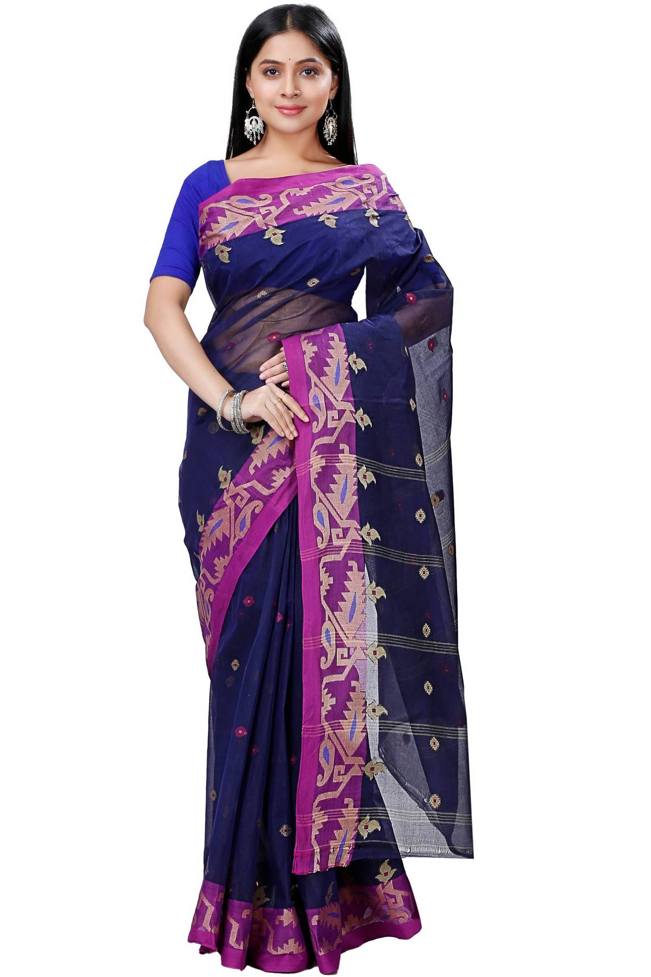 Dark Blue Pure Cotton Nripa Tant Saree (1343)