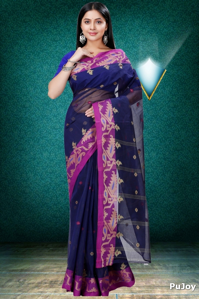 Dark Blue Pure Cotton Nripa Tant Saree (1343)