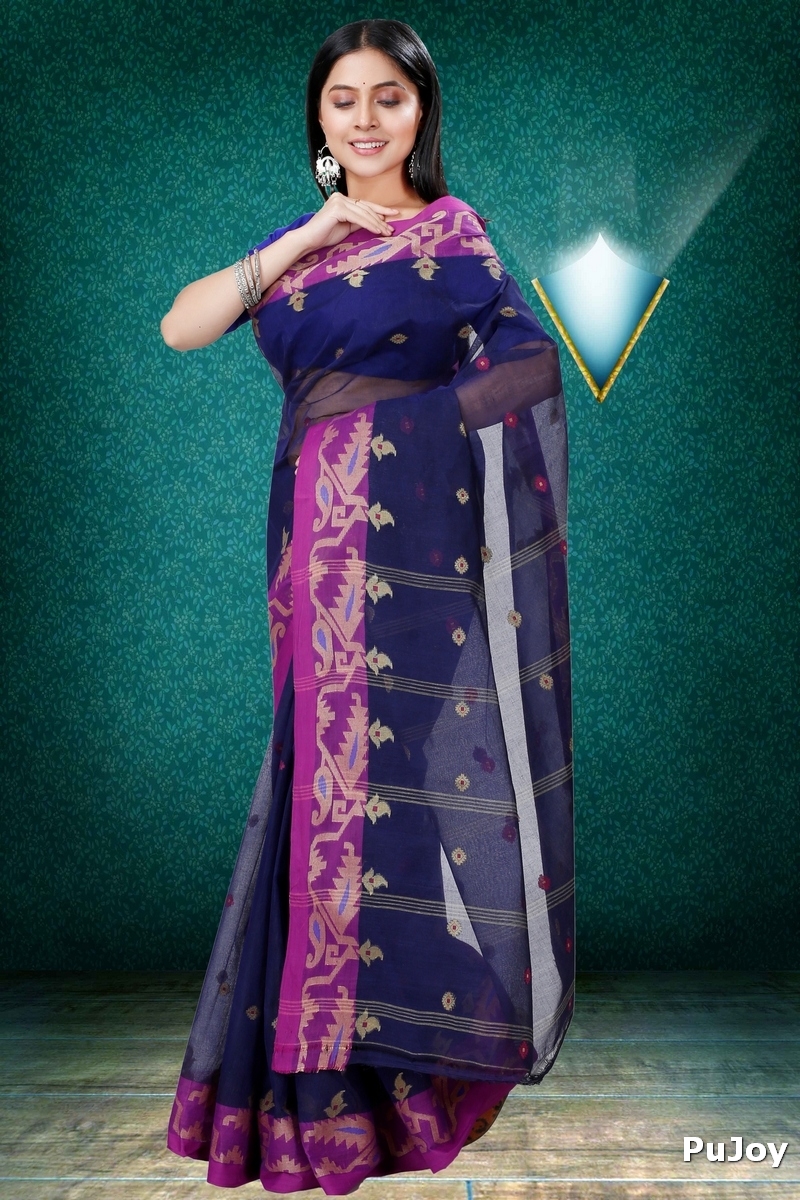 Dark Blue Pure Cotton Nripa Tant Saree (1343)