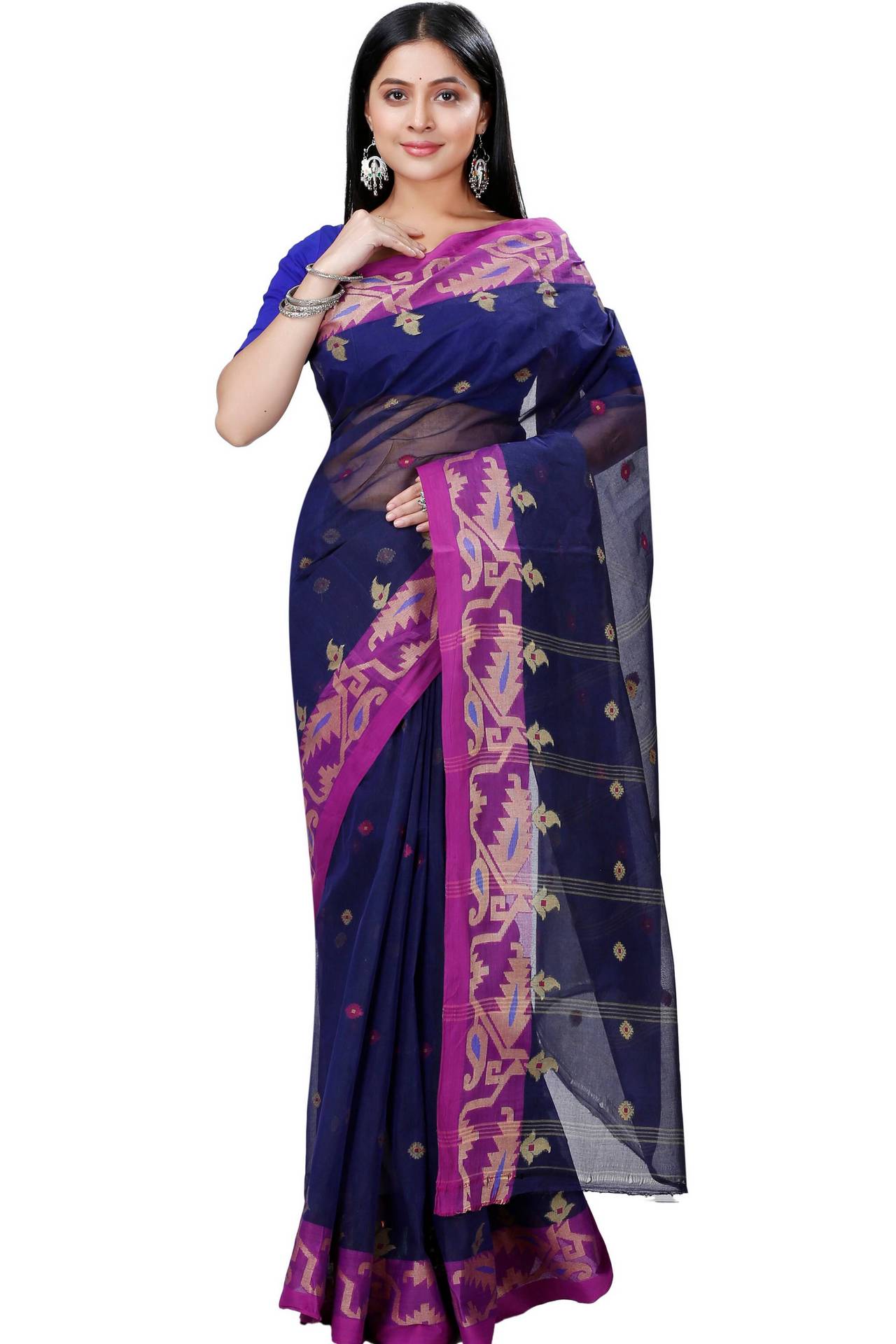 Dark Blue Pure Cotton Nripa Tant Saree (1343)