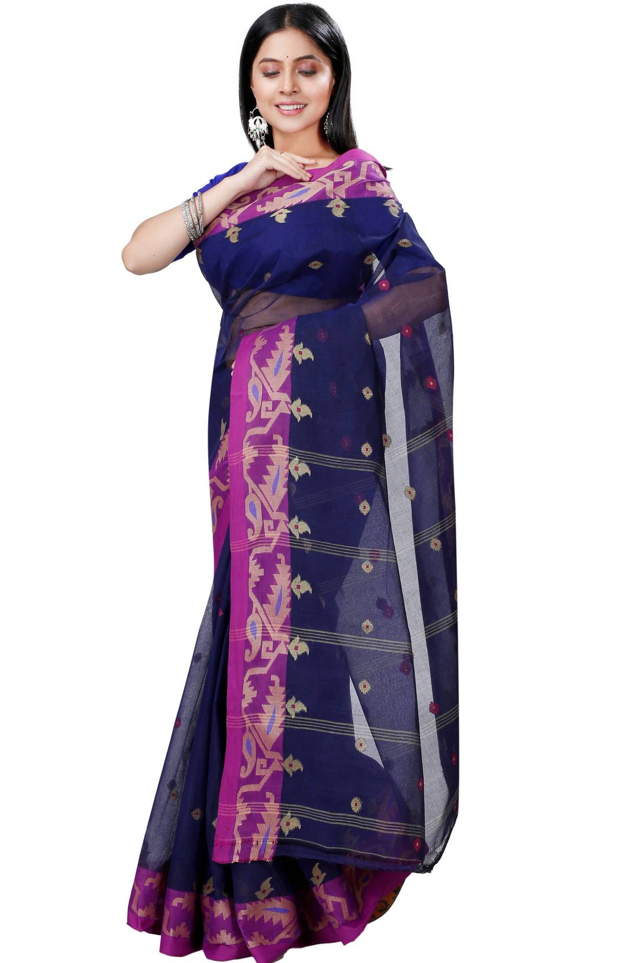Dark Blue Pure Cotton Nripa Tant Saree (1343)