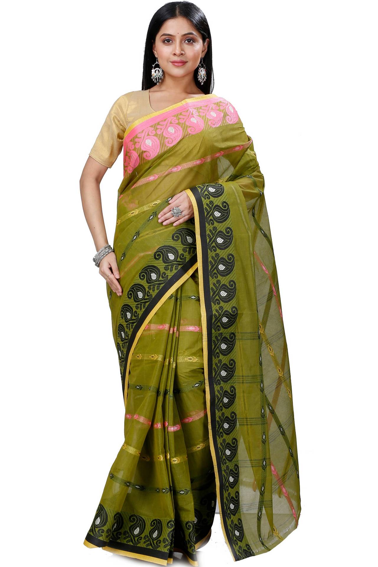 Dark Green Pure Cotton Nehan Tant Saree (1352)