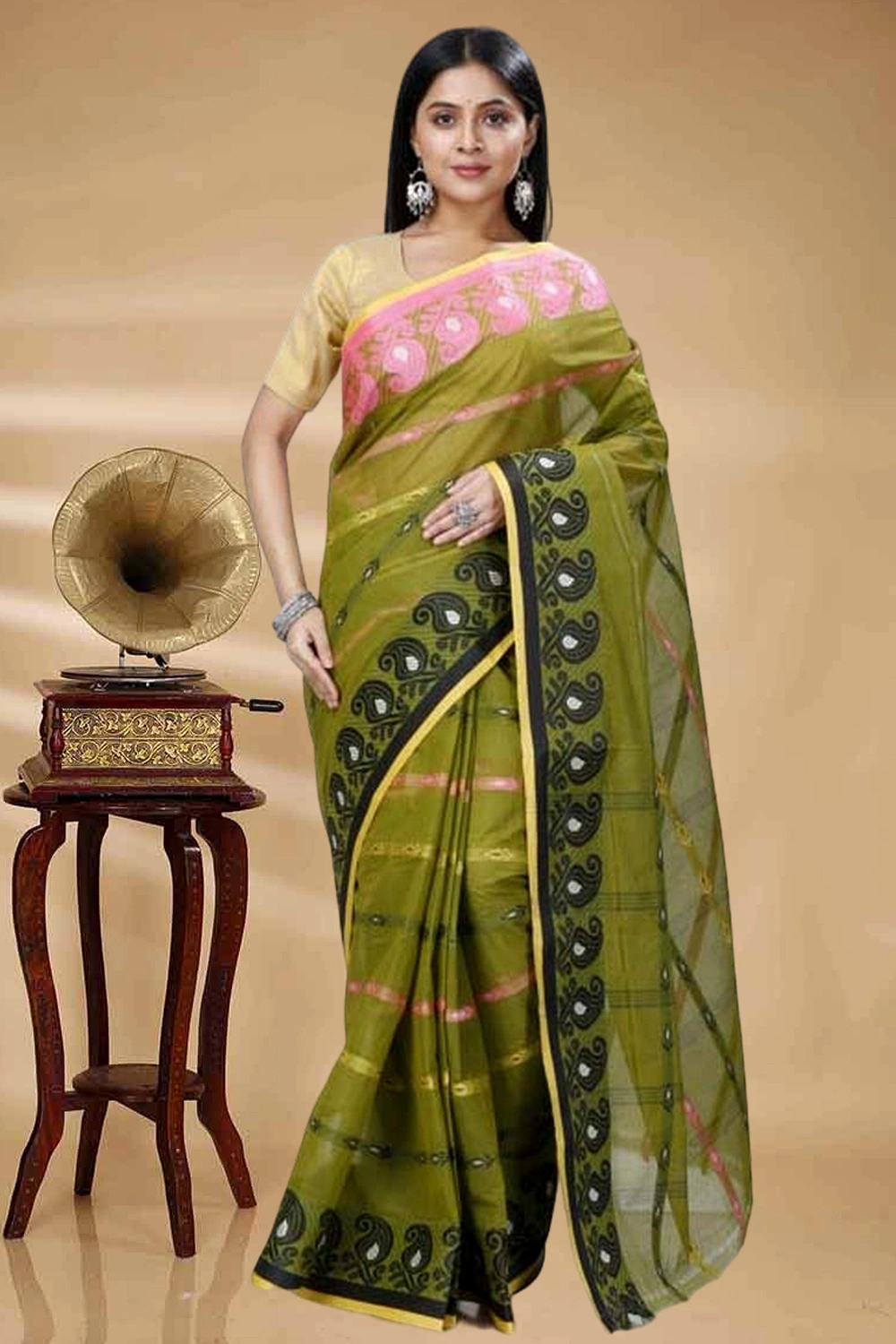 Dark Green Pure Cotton Nehan Tant Saree (1352)