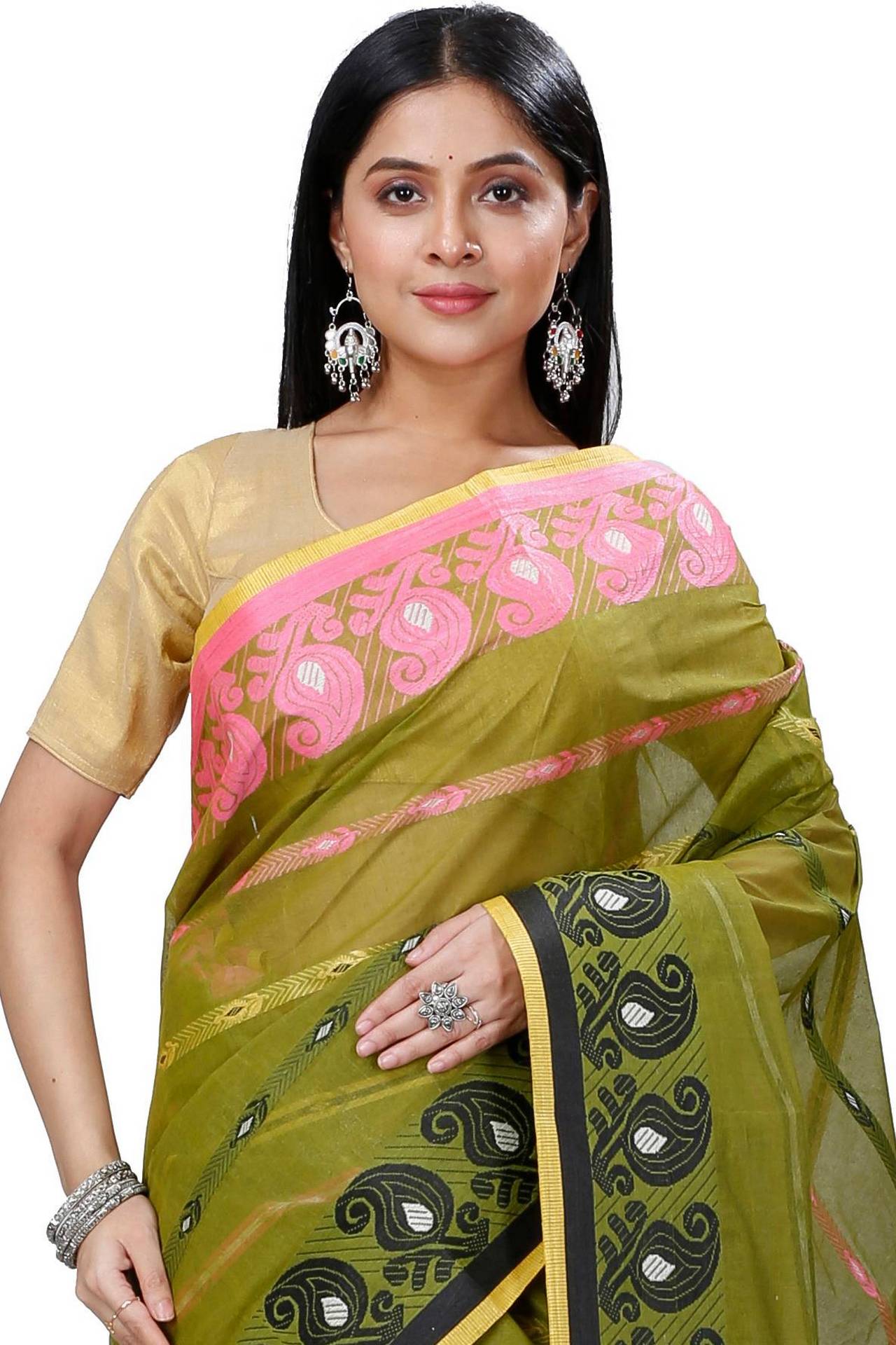 Dark Green Pure Cotton Nehan Tant Saree (1352)