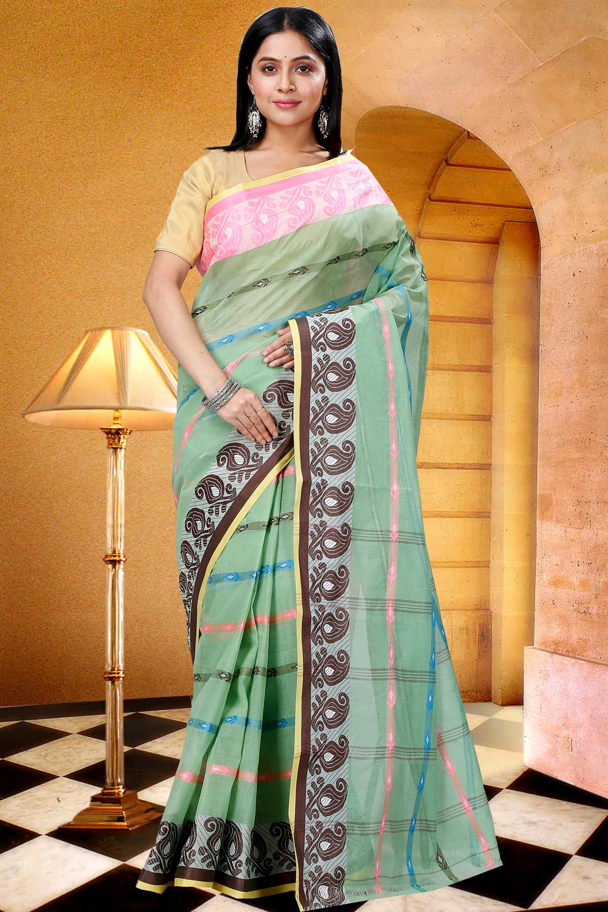 Light Green Pure Cotton Nehan Tant Saree (1353)